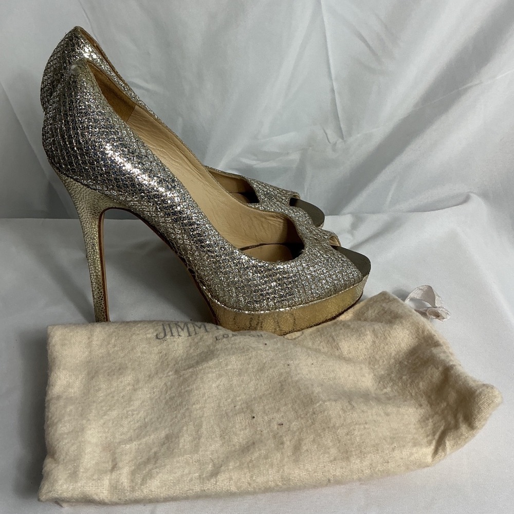 Jimmy Choo Champagne Gold Glitter Peep Toe Platform Pumps Heels Size 38 - Picture 7 of 11
